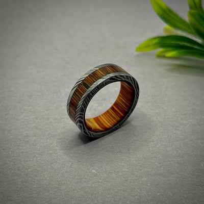 Damascus Ring Whiskey Barrel Wood Wedding Band Damascus Wedding Band Men Whiskey Barrel Wood Wedding Band Ring For Husband Anniversary Gift - RustyStudioUSA