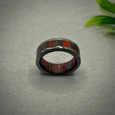 Damascus Steel Ring With Exotic Wood Inlay, Damascus Ring, Mens Wedding Band, Mens Wood Ring, Wood Wedding Ring, Wooden Ring, Exotic Ring - RustyStudioUSA