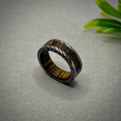 Damascus Steel Ring with Walnut Wood Sleeve & Inlay, Wood Ring, Minimalist Mens Wedding Band, Valentines Gift, Gift for Him, Engagement Ring - RustyStudioUSA