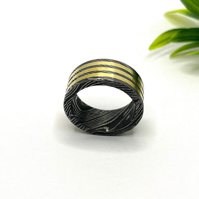 Polished Damascus with brass strips Steel Ring Band 8mm Ring Men Wedding Ring damascus steel ring Handmade Damascus Ring Engagement Ring - RustyStudioUSA