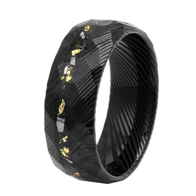 Handcrafted Damascus Meteorite Wedding Band | Unique Gold Leaf Ring - RustyStudioUSA