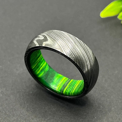 Damascus Whiskey Barrel Green Wood Ring Mens Damascus Steel Wood Wedding Band Unique Engagement Damascus Steel Ring
