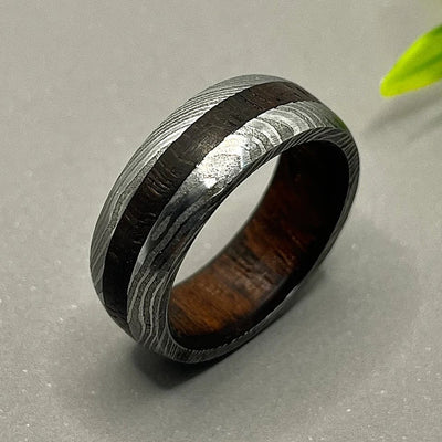 Damascus Wood Wedding Band, Men Damascus Steel Whiskey Barrel Ring, Unique Engagement Damascus Steel Ring,