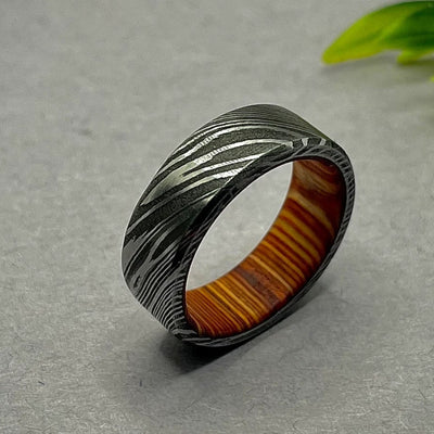 Damascus Wood Wedding Band, Men Damascus Steel Whiskey Barrel Ring, Unique Engagement Damascus Steel Ring