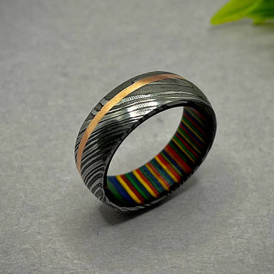 Men Copper Inlayed Damascus Steel Band Exclusive Men's Wedding Band Men's Grey Wedding Ring Forged Twist Damascus Ring for Him and Her

