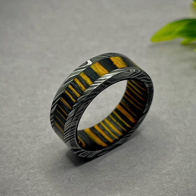 Damascus Steel Whiskey Barrel Dome Ring Engagement Ring Wedding Ring Wood Wedding Band Promise Ring Wood Inlay Damascus Steel