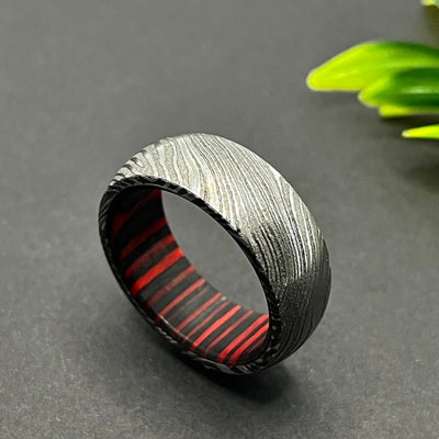 Handcrafted Damascus Steel & Whiskey Barrel Wood Ring – Unique Wedding Band, Rustic Promise Ring, Wood Inlay Engagement Ring