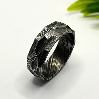 Rugged Hammered Damascus Steel Ring | Handmade Men's Wedding Band & Engagement Ring