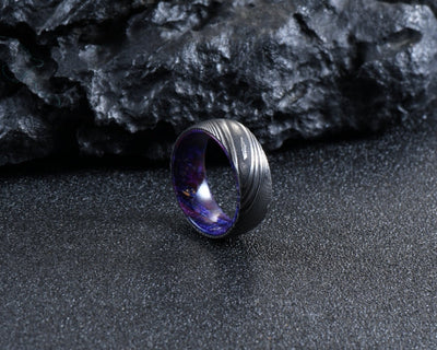 Damascus Steel Ring with Bold Purple Resin Interior – Unique Men’s Wedding Band - RustyStudioUSA